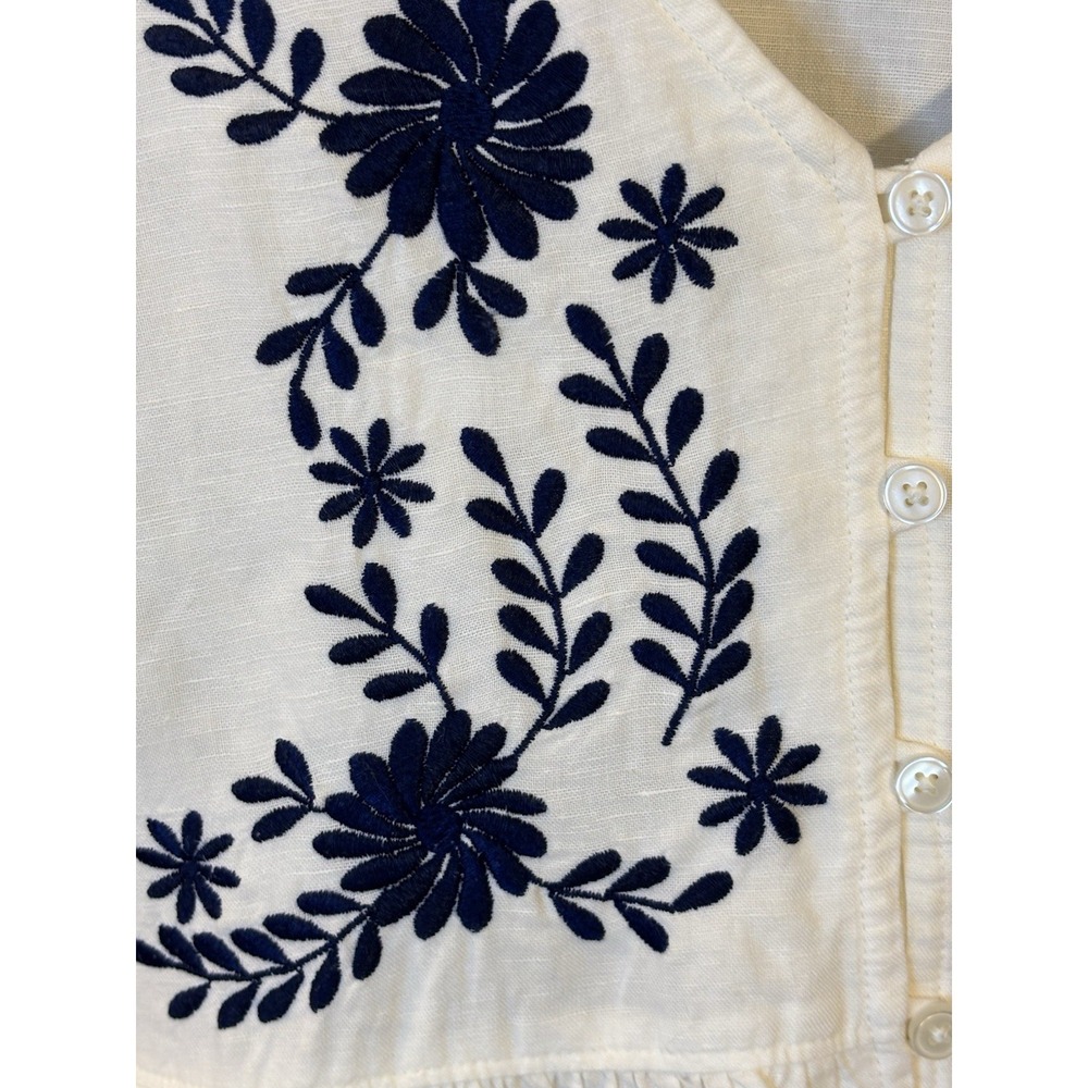 MADEWELL White Linen Babydoll Dress M Blue Floral Embroidery Boho Cottage - Picture 4 of 7
